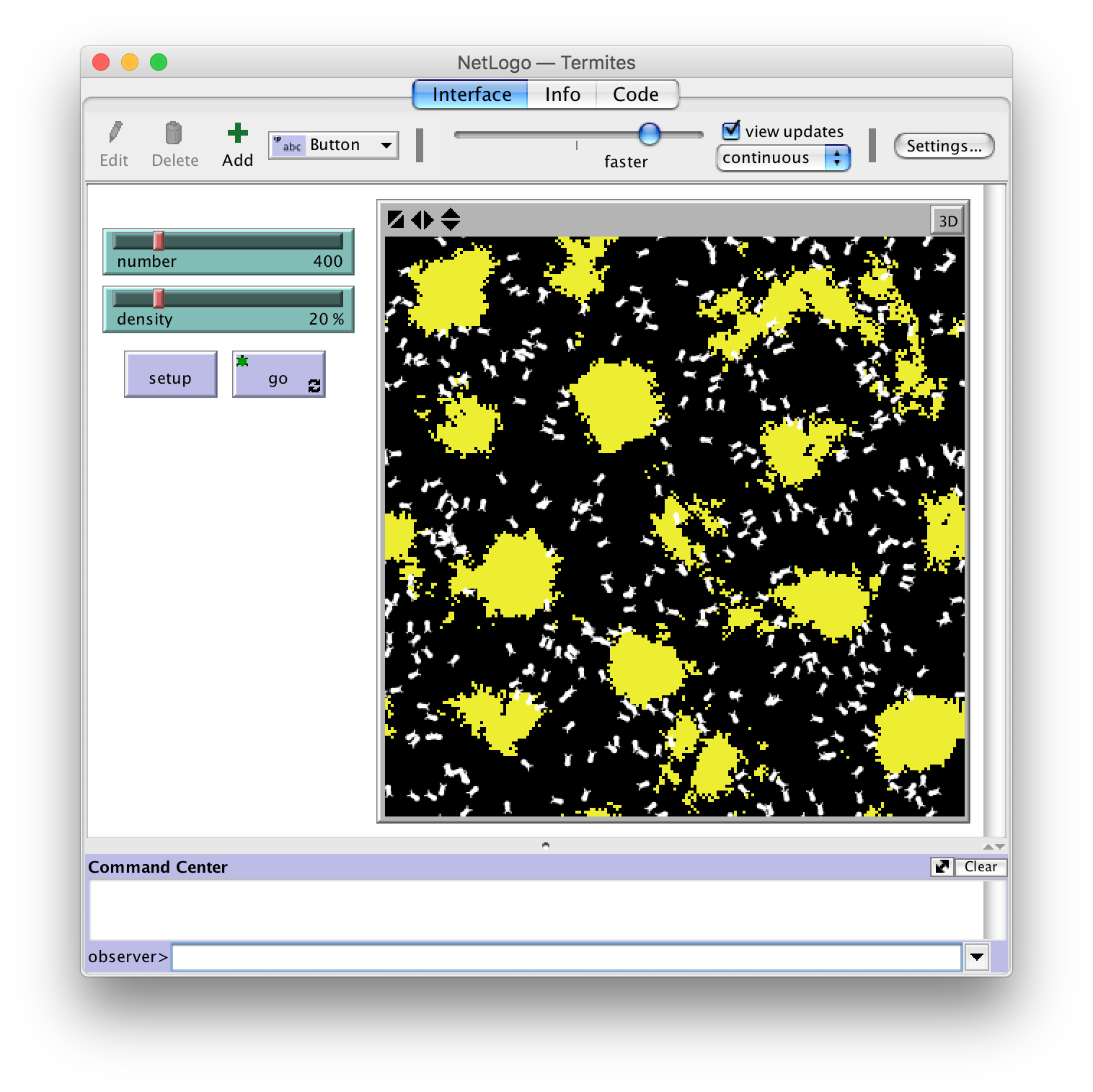 Eksempel på simulering i NetLogo.